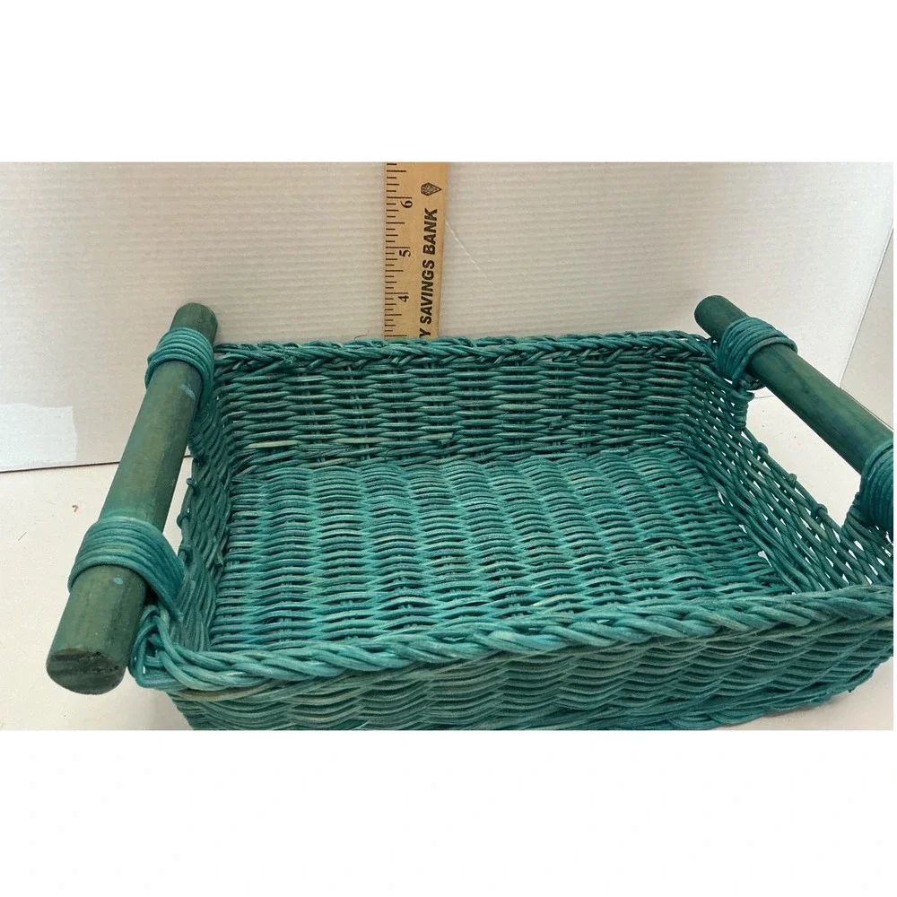 Vintage Wicker Basket Teal‎ Woven Wood Handles 11x8 Cottagecore